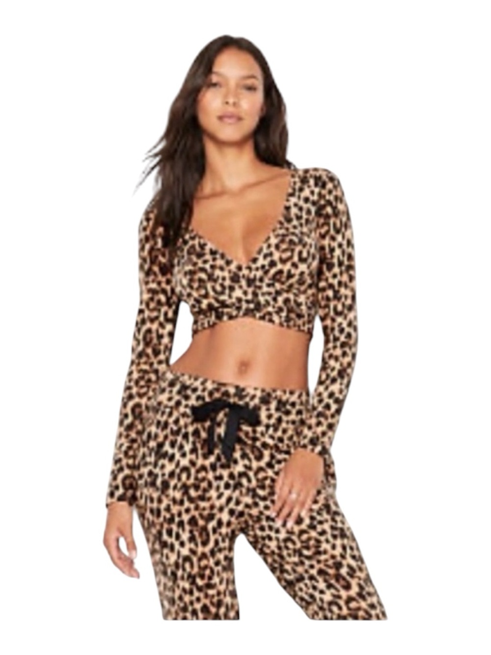 Victoria Secret Leopard Print Long-Sleeve Crop Top/Lounge Pants Set-Brown Sz S